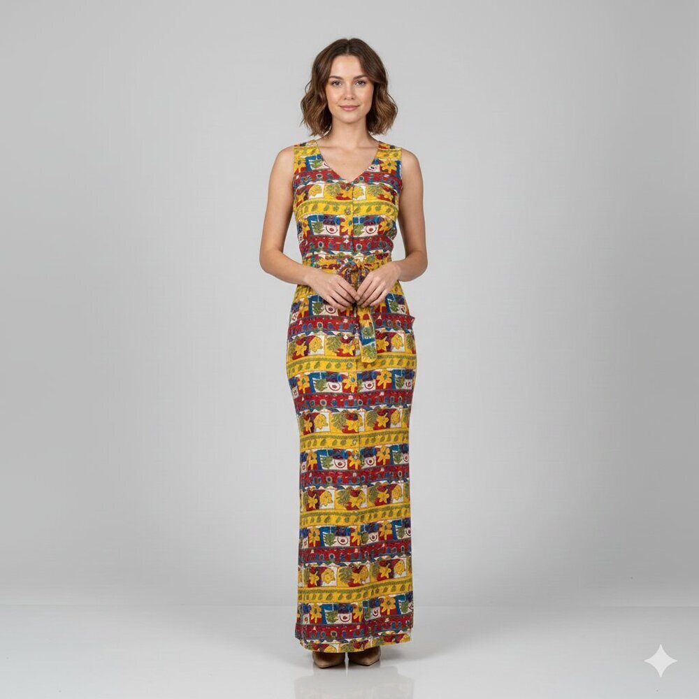 Vintage 90s Button-Front Maxi Dress Eclectic Primary Color Abstract Print M